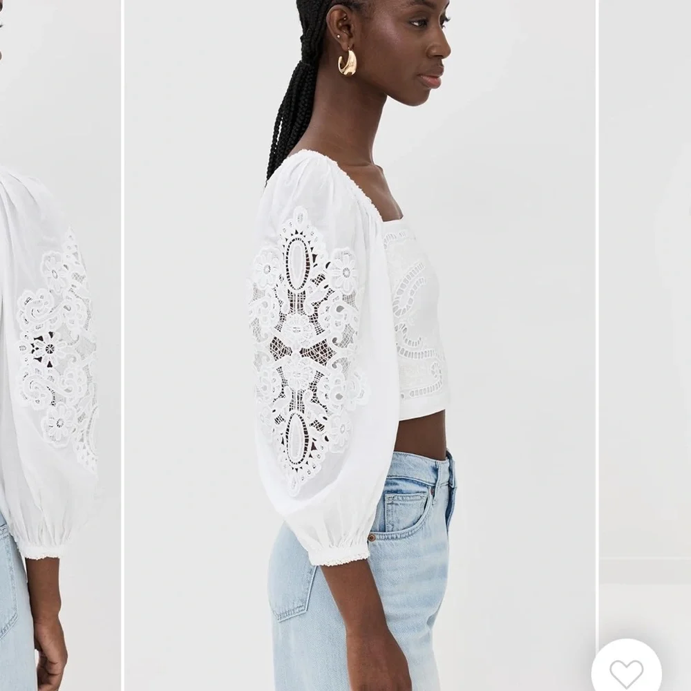 FARM Rio White Eyelet Puff-Sleeve Cropped Blouse